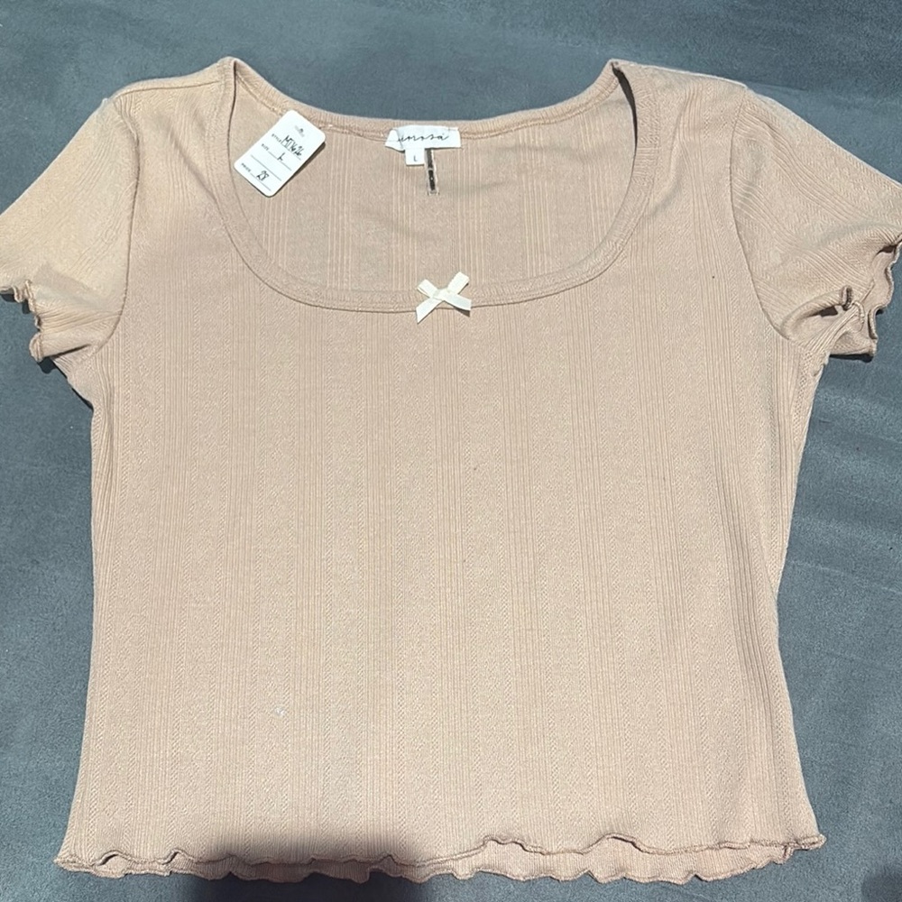 Brandy Melville Tan Ribbed Crop Blouse Short Sleeve